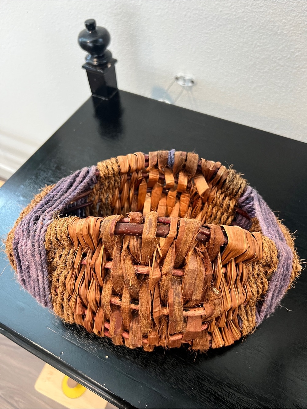 Woven Raffia and Wool Accent Bracelet in Brown and Lavender Wall Hanging Decor